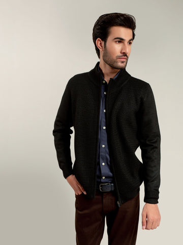 BLACK KNITTED TEXTURED ZIPPER